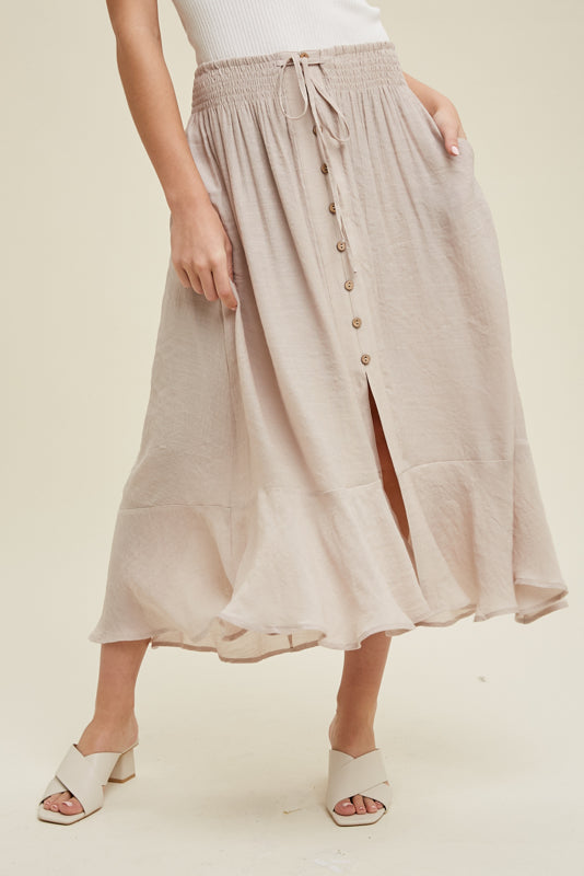 BUTTON-UP MIDI SKIRT WITH DRAWSTRING - Champagne