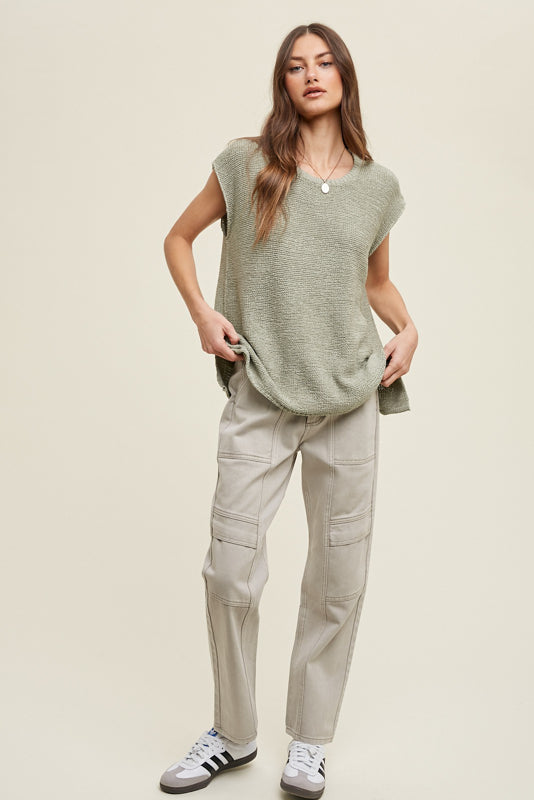 Muscle Sweater Vest with Side Slit - Sage