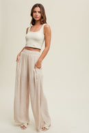 Wide Leg Pant with Side Crochet Detail - Champagne