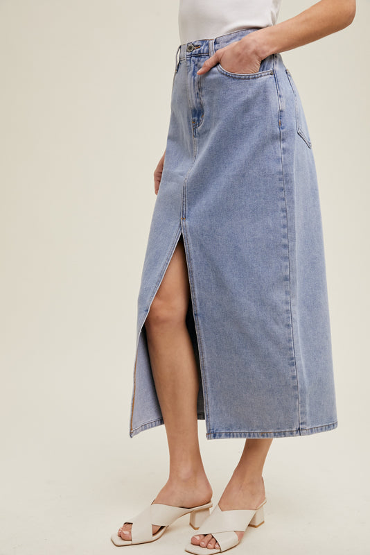 Denim Midi Skirt with Front Slit - Denim
