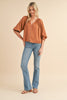 Drop Shoulder Blouse with Smocked Cuff Detail- Cinnamon