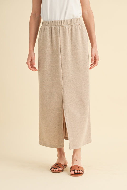 French Terry Midi Skirt with Front Slit-Mocha