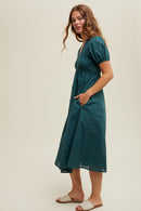 Textured Puff Midi Dress- Green