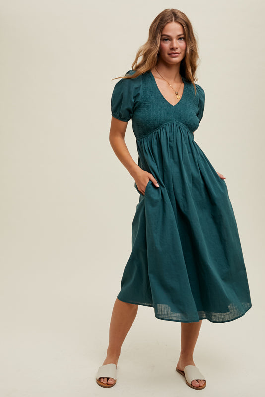 Textured Puff Midi Dress- Green