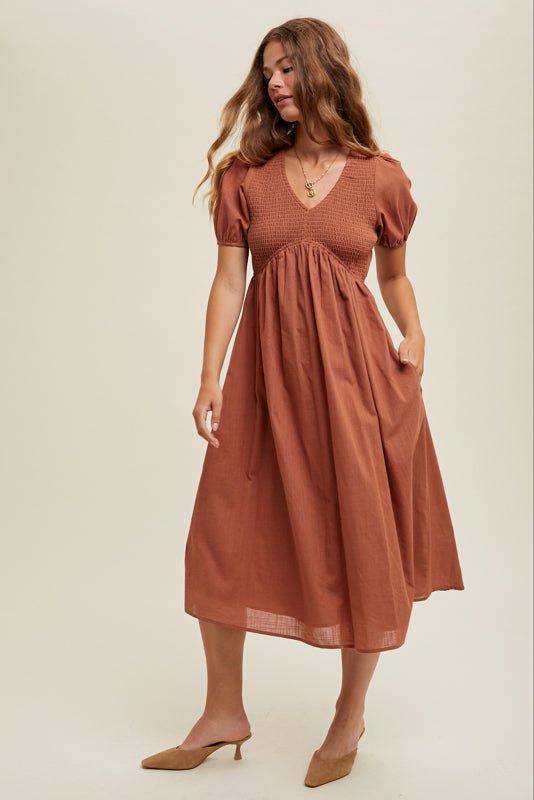 Texured Puff Sleeve Midi Dress - Sienna