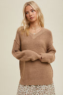 Raw Edge Detail V-Neck Sweater- Taupe