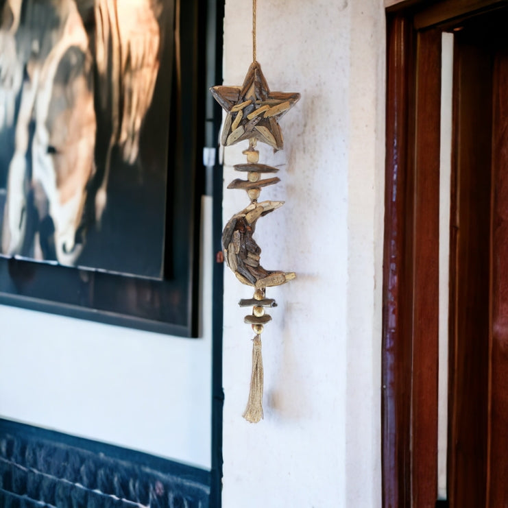 Hanging Driftwood Double Star and Moon Ornament