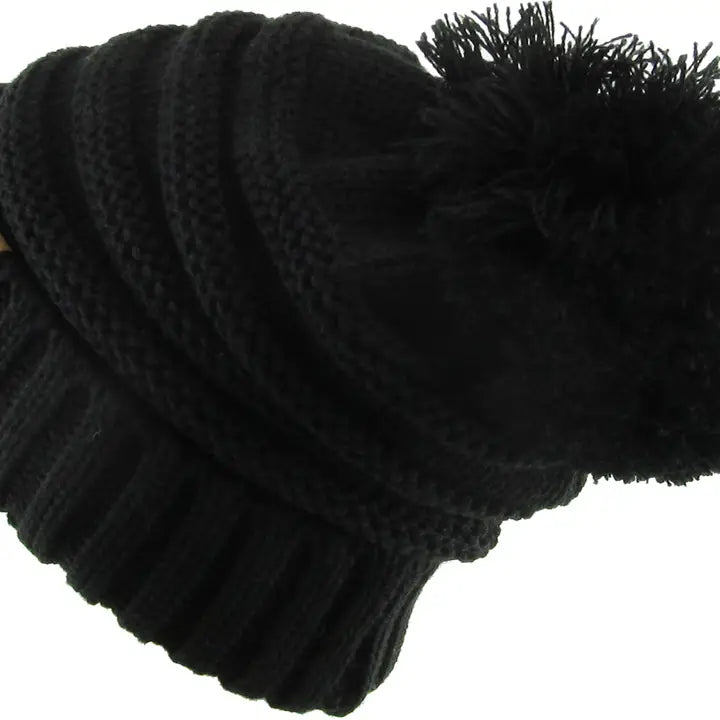 Chunk Pom Pom Cable Knit Ribbed Beanie