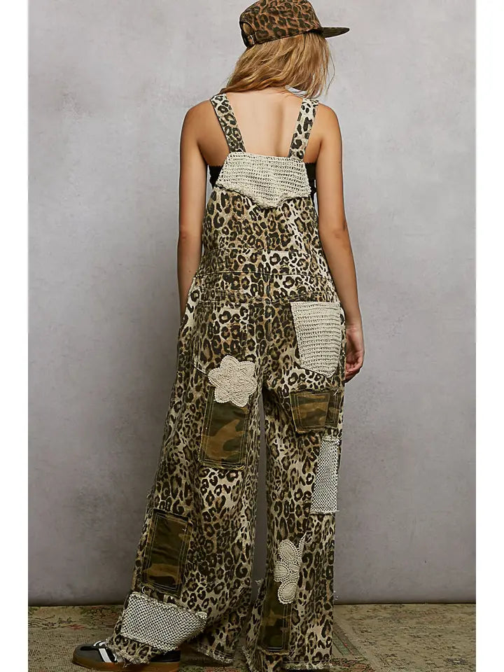 Crochet Contrast Patch Detail Chest Pocket Woven Overalls