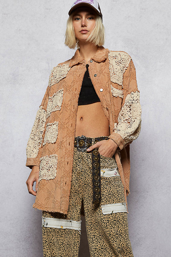Vintage Washed oversize Crochet Patches Shacket