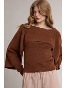 Brushed Knit Layered Cape Sweater Top - Chocolate