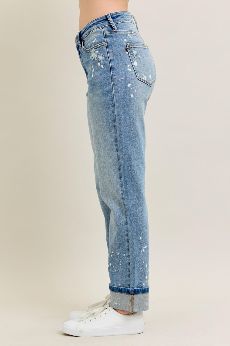 Judy Blue Mid Rise Bleach Splatter Single Cuff & Destroy BF