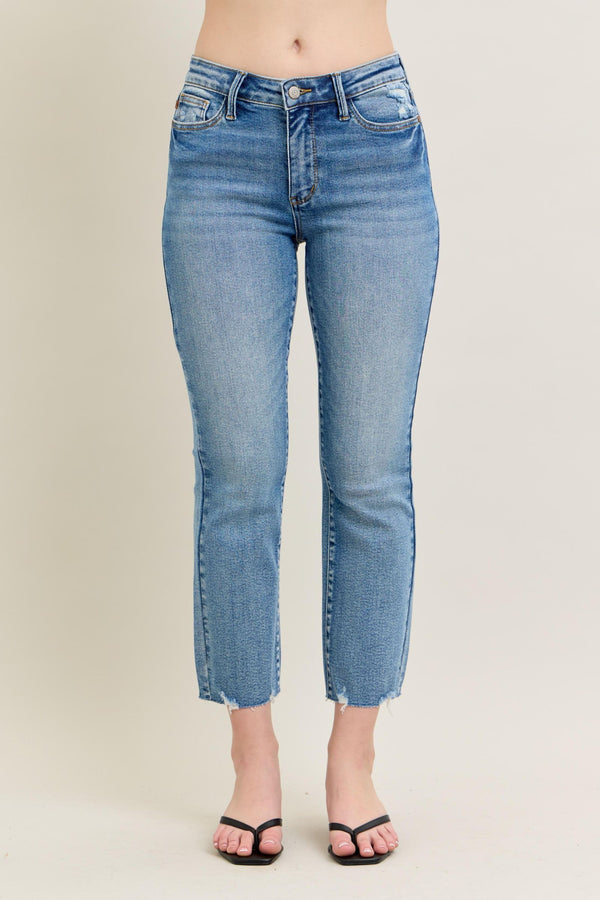 Judy Blue Mid Rise Vintage Wash Destroy Hem Kick Flare