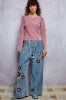 Wide-Leg  Relaxed Boho Floral Embroidered Pants
