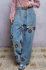 Wide-Leg  Relaxed Boho Floral Embroidered Pants
