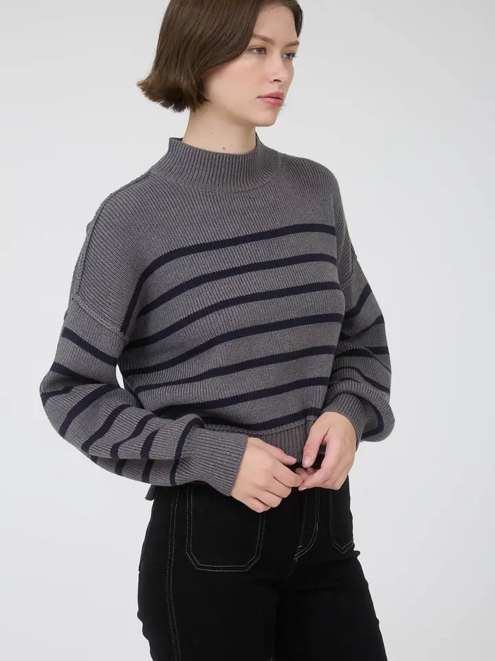 Striped Mock Neck Drop Shoulder Knit Sweater- Charcoal