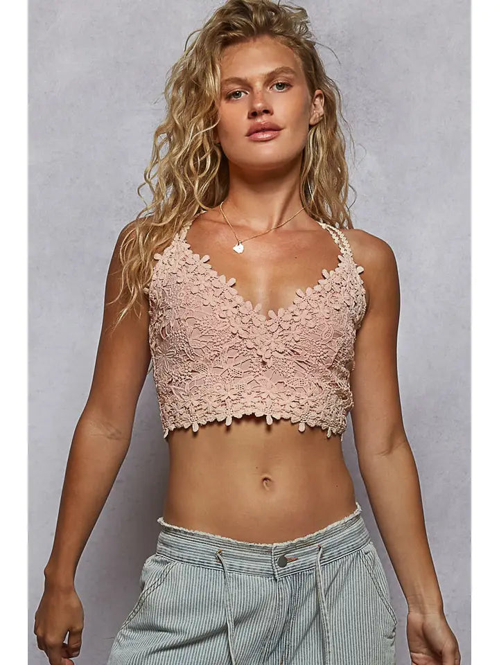 Adjustable Cross Strap Lace Crochet Smock Back Bralette