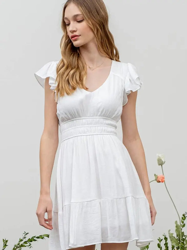 Solid Shirred Waist V Neck Mini Dress-White