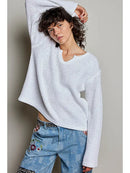 Textured Ribbed Knit Split Neck Relaxed Fit Wide Sleeve Top- Off White