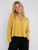 Waffle Cropped Boxy Button Up Cardigan