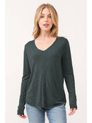 Slubby Casual V-Neck Split Long Sleeve Top w/ Raw Edge