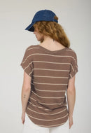 Stripe V Neck Cuffed Short Sleeve Knit Top- Mocha