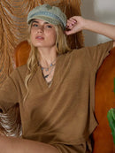 Split Neck Short Sleeve Terry Knit Top- Mocha