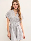Stand Up Collar Pleated Waist Flare Denim Dress- Denim