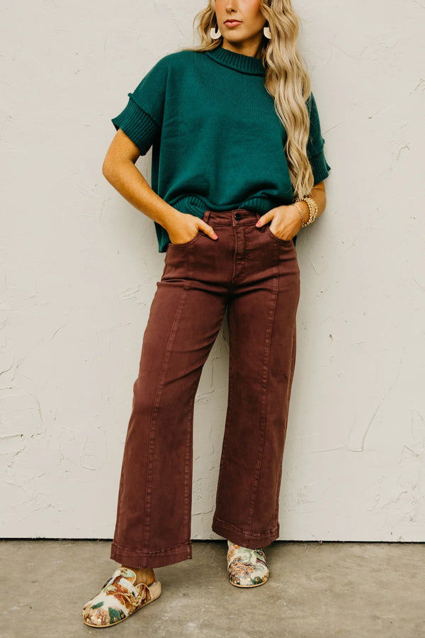 High Rise-Crop Wide Pants- Choco Brown