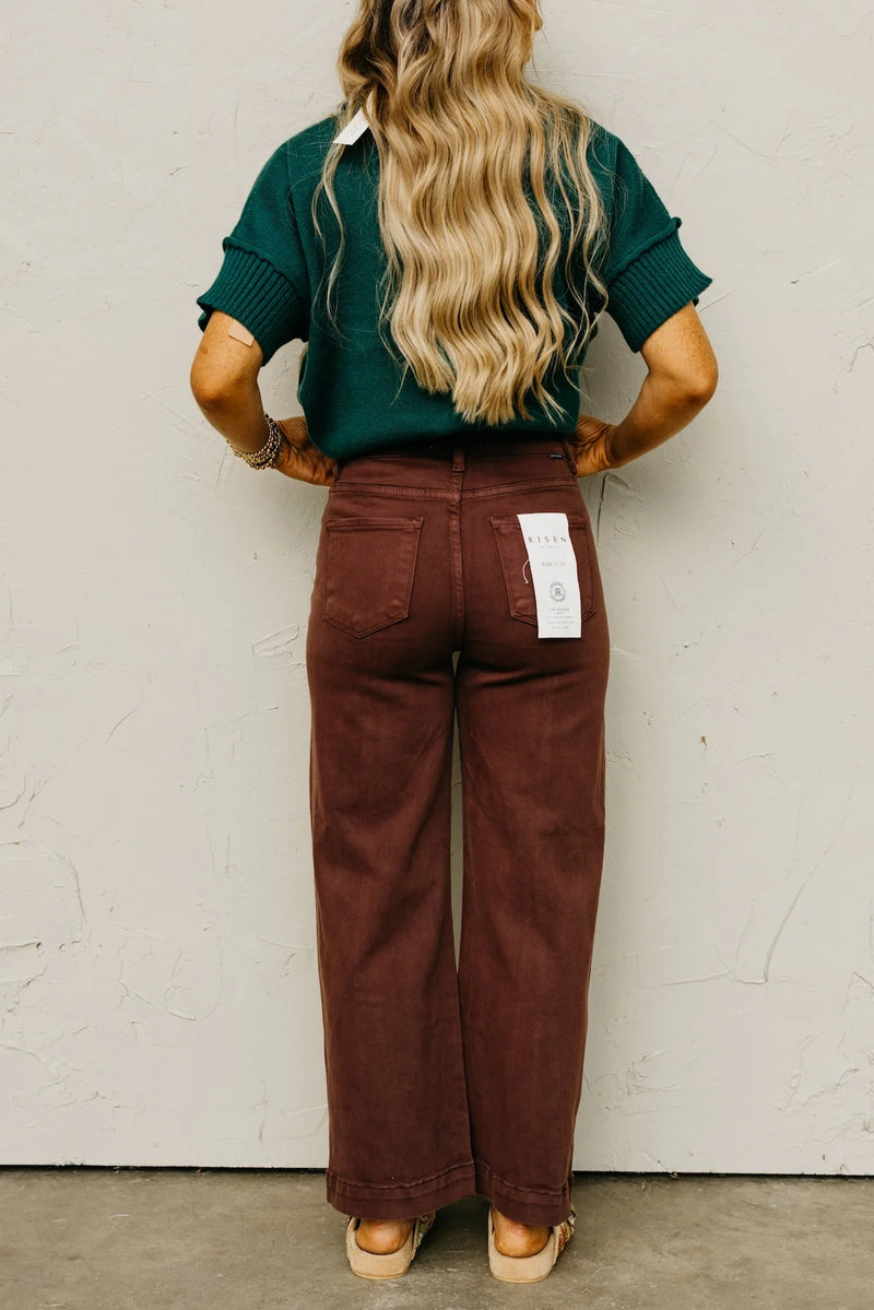 High Rise-Crop Wide Pants- Choco Brown