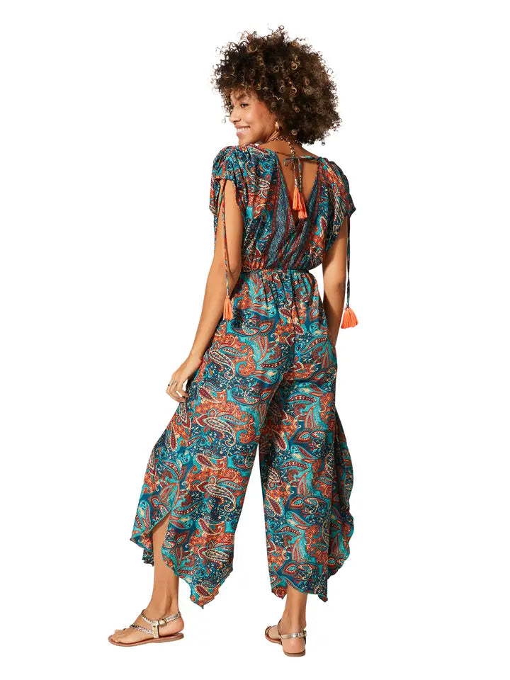 3/4 Sleeve Asymmetric Summer Jumpsuit V-Neck -Teal & Rust