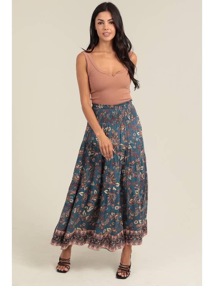 Smocked Waistband A Line Maxi Skirt with Side Slit