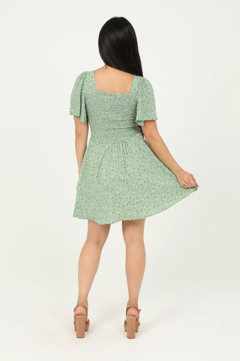 Ruffle Sleeve Twist Front Dress - Green