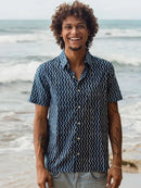 Mens Short Sleeve Button Down - Organic Cotton - Indigo Zig Zag