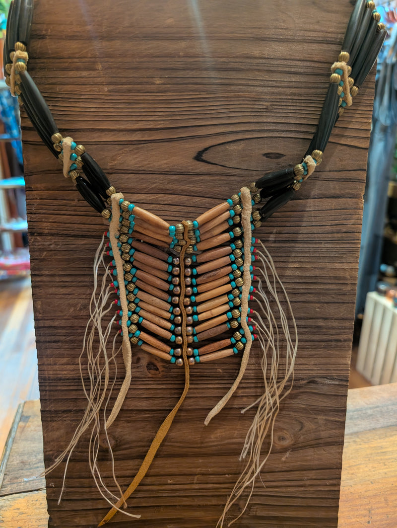 Wood & Leather Necklace With Turquoise Beads