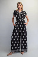 Printed V-Neck Jumpsuit- Black