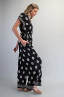 Printed V-Neck Jumpsuit- Black