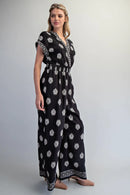 Printed V-Neck Jumpsuit- Black