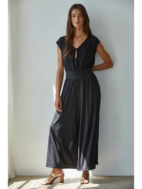 Knit Polyester Spandex V-Neck Short Sleeve Jumpsuit