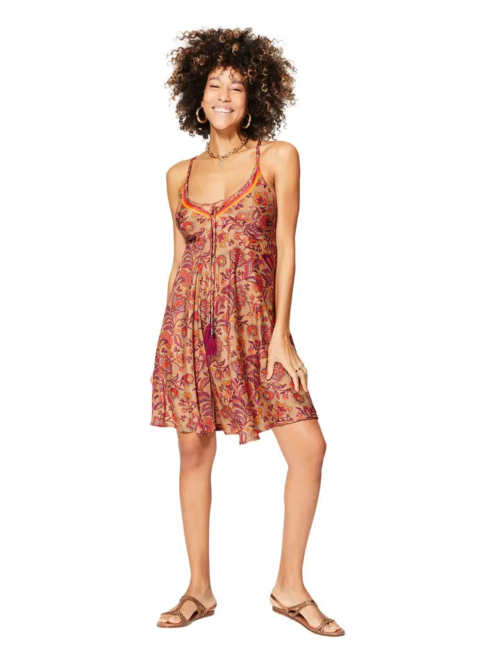 Sleeveless Short Summer Dress - Tan & Red