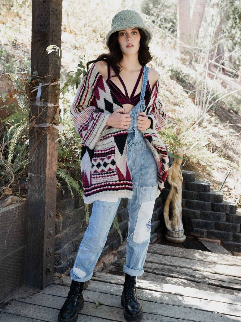 Boho Faux Fur Ruana Wrap with Cozy Pockets - Tribal Cardigan