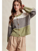 Striped Color Block Button Front Cardigan- Olive