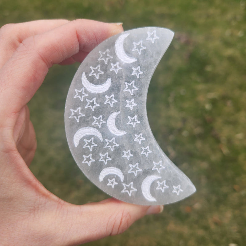 Etched Selenite Crescent Moon with Moon and Stars