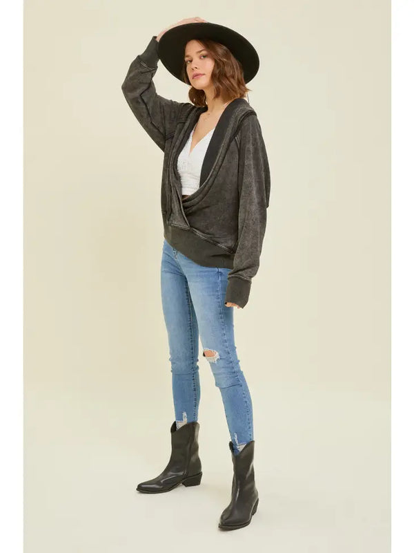 Western Washed French Terry Wrap Pullover - Black