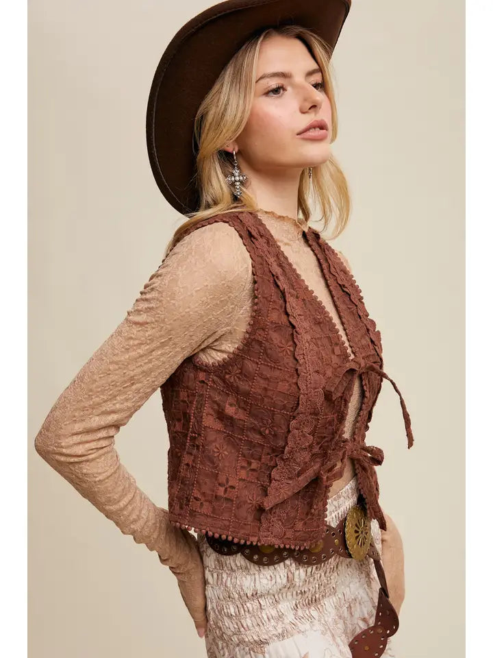 Embroidered Lace Tie-Front Vest