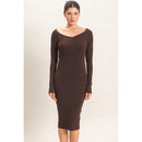 Ribbed V-Neck Long Sleeve Dress- Dark Brown