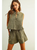 Elastic Band Waist with Tied On the Side Shorts- Olive