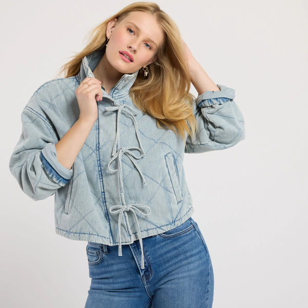 Washed Denim Quilted Front Tie Jacket- Light Denim