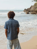 Mens Short Sleeve Button Down - Organic Cotton - Indigo Zig Zag