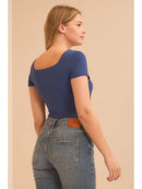 Square Neck Short Sleeve Bodysuit- Navy Blue
